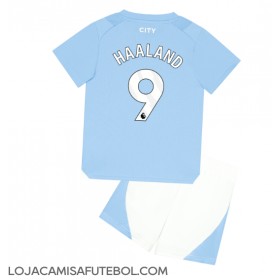 Camisa de Futebol Manchester City Erling Haaland #9 Equipamento Principal Infantil 2023-24 Manga Curta (+ Calças curtas)